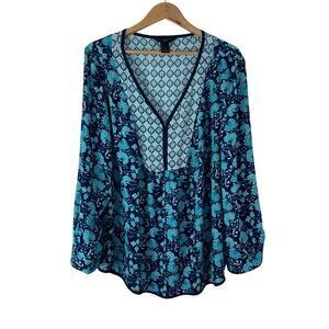 Investments II Blouse Womens 2X Blue Multi Colored V Neck Lightweight Floral Top